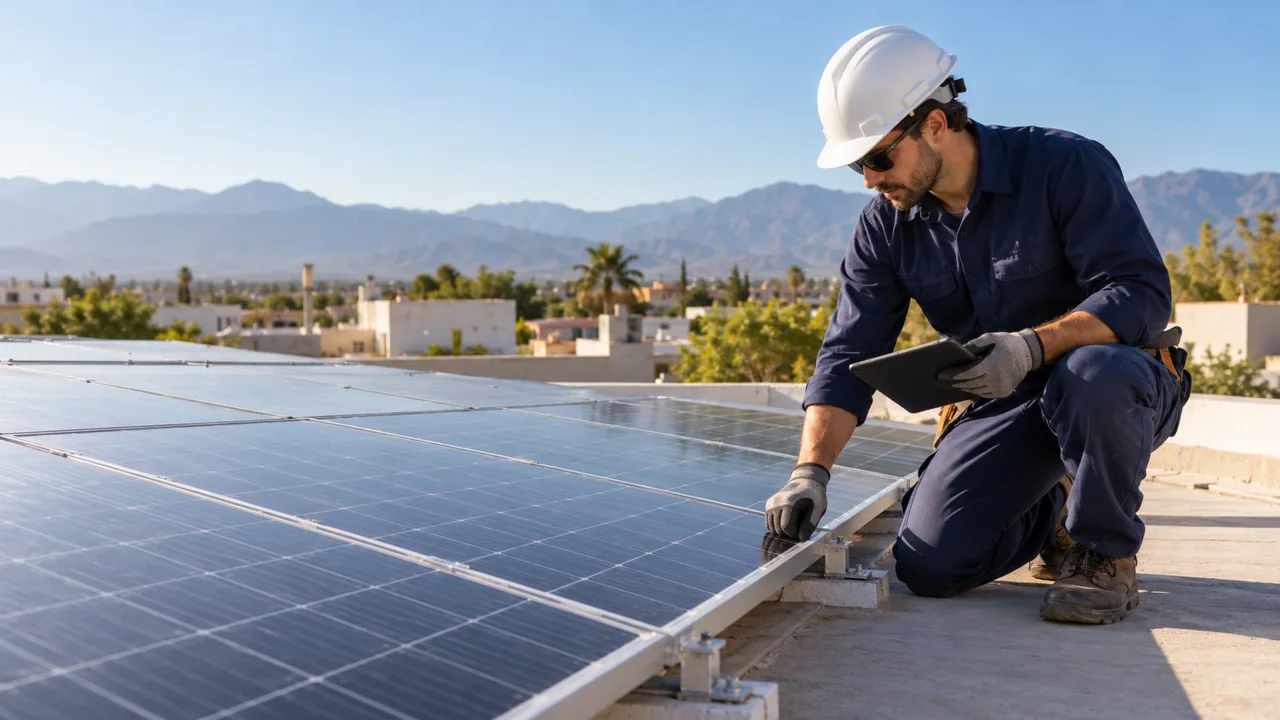 Instalador con casco y guantes revisando el montaje de paneles solares con una tablet.